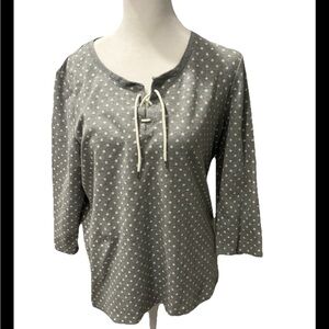 L.L. Bean 100% Cotton Grey & White Printed Lace Up Blouse